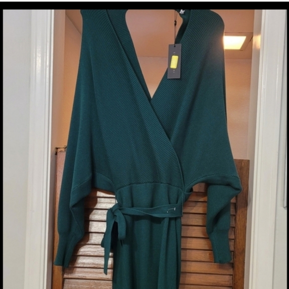 Gianni Bini Knit Sweater Mini Dress Green Alston Surplice Long Sleeve XS - Picture 8 of 9